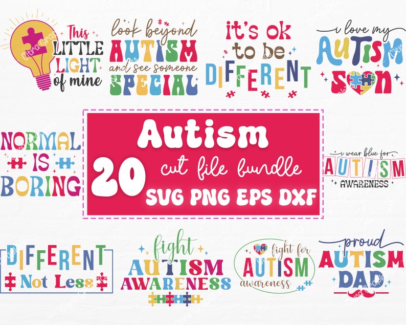 Puede incluir: Un conjunto de 20 archivos de corte digitales coloridos para proyectos de manualidades. Los dise&ntilde;os presentan frases sobre la concienciaci&oacute;n sobre el autismo, como "This little light of mine", "Look beyond autism and see someone special", "It's ok to be different", "I love my autism son", "Normal is boring", "I wear blue for autism awareness", "Different not less", "Fight autism awareness", "Fight for autism awareness", y "Proud autism dad".