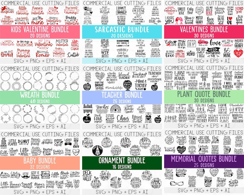 Op de afbeelding: Een collage van digitale designbundels voor commercieel gebruik. De bundels bevatten ontwerpen voor Valentijnsdag voor kinderen, sarcastische citaten, Valentijnsdag, kransen, leraren, plantcitaten, baby's, ornamenten en gedenkteksten. Elke bundel bevat SVG-, PNG-, EPS- en AI-bestanden.