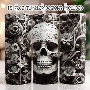 3D Skull Flowers 20 oz Skinny Tumbler Sublimation Design, Straight Tumbler Wrap PNG, Instant Download, Digital Download
