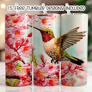 3D Embroidered Hummingbird Tumbler Wrap, 20 oz Skinny Tumbler Sublimation Design,Straight Tumbler Wrap, Download PNG