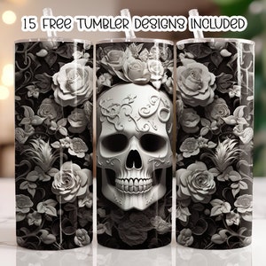 3D Skull Flowers 20 oz Skinny Tumbler Sublimation Design, Straight Tumbler Wrap PNG, Instant Download, Digital Download