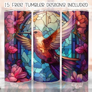 Hummingbird Flowers Stained Glass 20 oz Skinny Tumbler Sublimation Design, Digital Download PNG, Straight Skinny Tumbler Wrap PNG