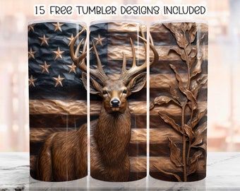 3D Deer American Flag Tumbler wrap, 20 oz Skinny Tumbler Sublimation Design, Instant Digital Download PNG, Straight Tumbler Wrap