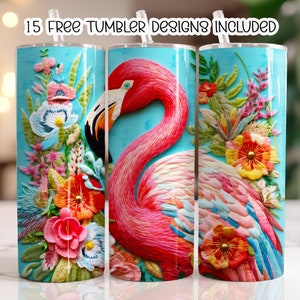 3D Embroidered Flamingo Tumbler Wrap, 20oz Skinny Tumbler Sublimation Design,Straight Tumbler Wrap, Digital Download PNG