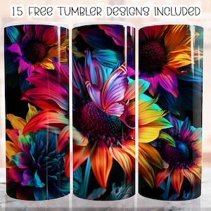 Sunflowers 20oz Sublimation Tumbler Design, Sunflower Neon Rainbow wrap, Straight Skinny Tumbler Wrap PNG, Sublimation Design PNG