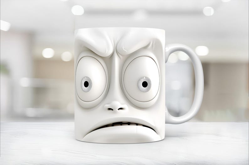 May include: White ceramic coffee mug with a cartoon face expression of anger and surprise. The mug has a large handle.
