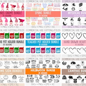 Op de afbeelding: Een digitale collage van 10 verschillende SVG-snijbestandsbundels voor commercieel gebruik. De bundels bevatten ontwerpen voor Valentijnsgnomen, lente, mystiek, kerstpottenhouders, lerarenpottenhouders, handgetekende harten, welkomstborden, Halloween en kamperen.