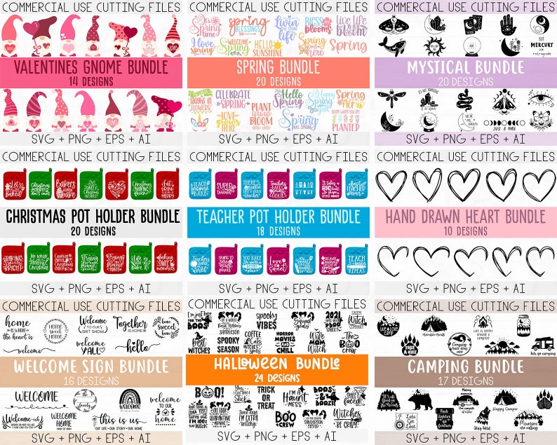 Op de afbeelding: Een digitale collage van 10 verschillende SVG-snijbestandsbundels voor commercieel gebruik. De bundels bevatten ontwerpen voor Valentijnsgnomen, lente, mystiek, kerstpottenhouders, lerarenpottenhouders, handgetekende harten, welkomstborden, Halloween en kamperen.
