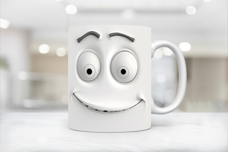 May include: White ceramic mug with a cartoon face printed on the front. The face has large eyes, a wide smile, and raised eyebrows.