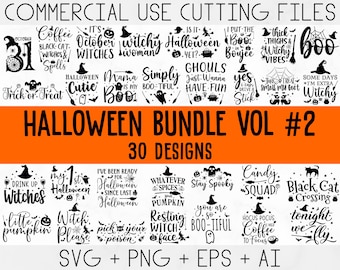 Puede incluir: Una descarga digital de 30 archivos SVG, PNG, EPS y AI con temática de Halloween. Los diseños presentan varias frases e imágenes con temática de Halloween, que incluyen "Trick or Treat", "Witchy Woman", "Boo-tiful", "Drink Up Witches", "Resting Witch Face" y "Candy Squad".