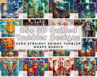 May include: A collage of 20 oz skinny tumbler designs featuring 85+ 3D quilled designs. The designs are colorful and intricate, with themes including animals, nature, and abstract patterns.