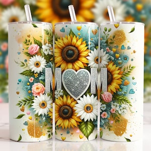 Sunflowers Mama Tumbler Wrap 20 oz Skinny Tumbler PNG Mama Sublimation Design Glitter Leopard Mom Life Seamless Mother&#39;s Day Tumbler Wrap
