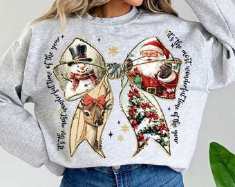 The most wonderful time of the year png svg, Christmas png svg, Santa Claus png, Vintage Christmas Coquette bow png, Reindeer snowman png