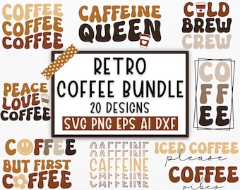 Retro Coffee SVG PNG Bundle, Kawa svg, Zabawna kawa svg, Falisty tekst kawa svg, Libbey SVG, Królowa kofeiny, Plik cięty Cricut, Sylwetka