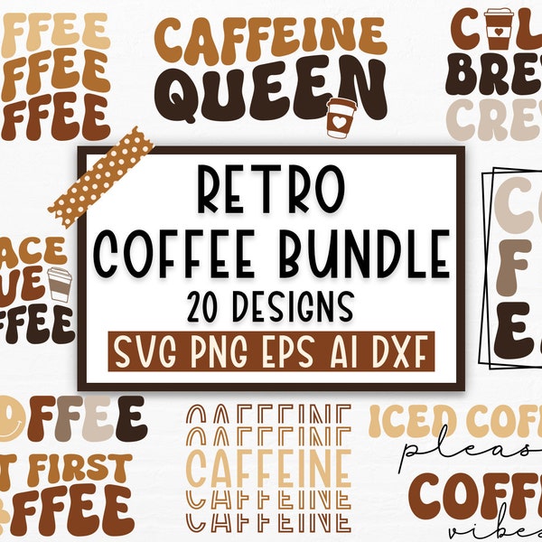 Rétro café SVG PNG Bundle, café svg, svg drôle de café, texte ondulé café svg, Libbey SVG, caféine reine, coupe fichier Cricut, Silhouette