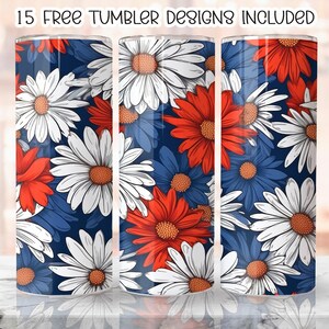 4th of July Patriotic Daisies 20 oz Skinny Tumbler Sublimation Design, Floral Red White Blue Daisy America Tumbler Wrap PNG,Digital download