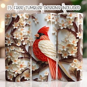 3D Cardinal Bird Flowers 20 oz Skinny Tumbler Sublimation Design, Straight Tumbler Wrap, Instant Digital Download PNG, Floral Cardinal