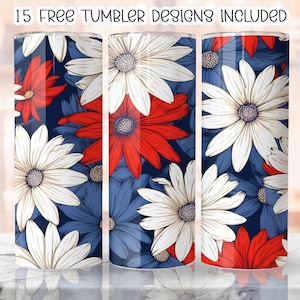 4th of July Patriotic Daisies 20 oz Skinny Tumbler Sublimation Design, Floral Red White Blue Daisy America Tumbler Wrap PNG,Digital download