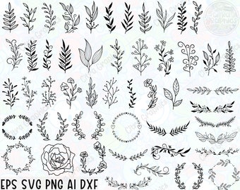 Paquete SVG de 50 hojas, hojas dibujadas a mano SVG, planta svg, hojas de papel, plantillas de hojas, corona, archivos cortados, imágenes prediseñadas de hojas, silueta cricut SVG