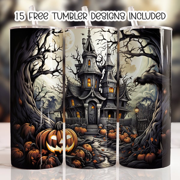 Halloween Haunted House Tumbler Wrap, 20 oz Skinny Tumbler Sublimation Design, Digital Download, Straight Tumbler Wrap PNG, Spooky Fall PNG
