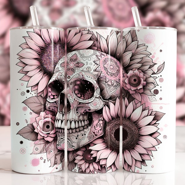 Pink skull 20oz Skinny Tumbler Wrap Sublimation Design, Tumbler PNG Instant Digital Download, Straight Tumbler Wrap PNG