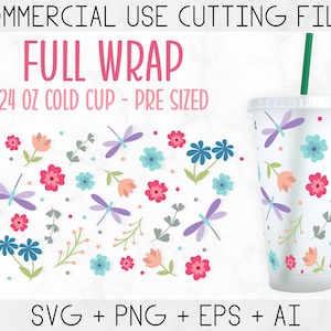 May include: A digital design for a 24 ounce cold cup featuring a floral pattern with pink, blue, and purple flowers, green leaves, and purple dragonflies. The text "FULL WRAP" and "COMMERCIAL USE CUTTING FILES" is at the top of the image. The text "SVG + PNG + EPS + AI" is at the bottom of the image.