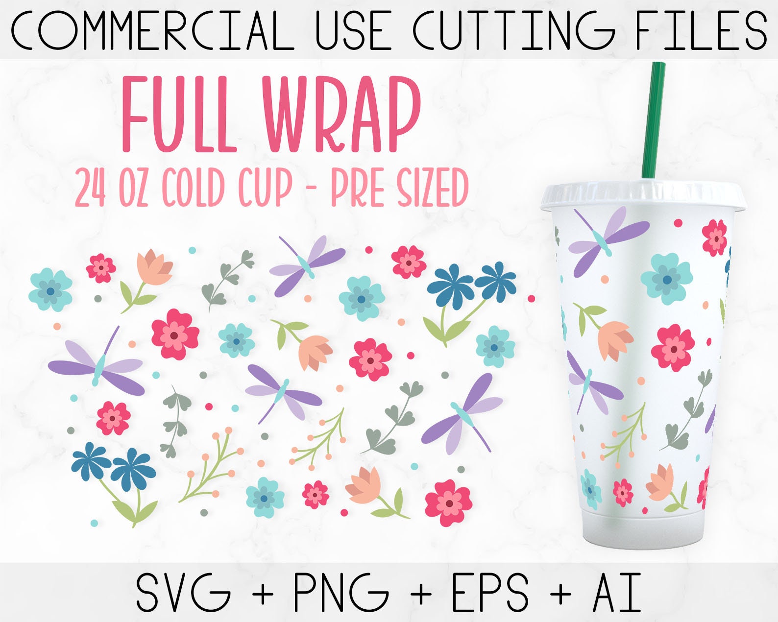 No Hole 24oz Venti Cold Cup Tumbler Wrap Svg Flower and Etsy