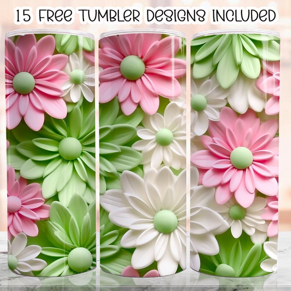 3D Pink and Green Flowers 20 oz Skinny Tumbler Sublimation Design, Floral Straight Tumbler Wrap, Digital Download PNG