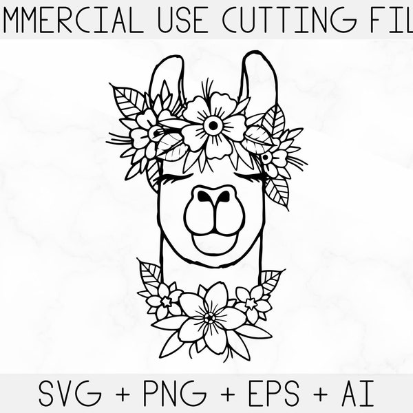 Llama SVG file, Llama with Flower Crown SVG, Llama cut file, Animal Face, Floral Crown, Llama with Flowers on Head, Cute Llama Face svg