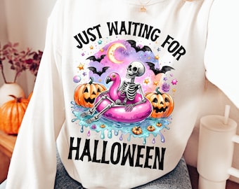 Just Waiting for Halloween PNG, Funny Halloween Png,  Summer Halloween Design, Spooky summer png, Skeleton T Shirt sublimation,dtf