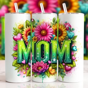 Sunflowers Mama Tumbler Wrap 20 oz Skinny Tumbler PNG Mama Sublimation Design Glitter Leopard Mom Life Seamless Mother&#39;s Day Tumbler Wrap