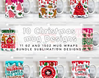 3D kerstmokomslagbundel, opgeblazen kerstmokomslag sublimatieontwerp png, gezwollen kerstmok 11oz en 15oz koffiekopje