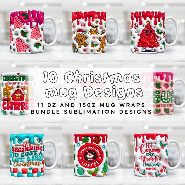 Bundle de wrap de Noël 3D, mug de Noël gonflé Sublimation Design PNG, mug de Noël gonflé 11 oz et tasse à café 15 oz