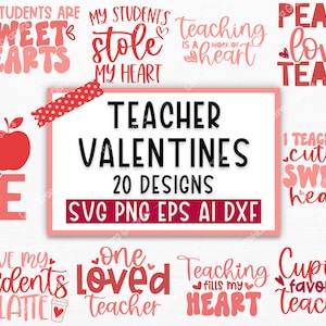 Pu&ograve; includere: Una collezione di 20 design di San Valentino per insegnanti. I design presentano frasi come "I miei studenti sono cuori dolci", "Insegnare &egrave; un lavoro del cuore", "Pace amore insegnare", e "Amo i miei studenti un latte".