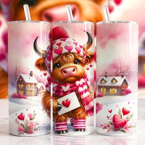 Baby Highland Cow Valentines Day Tumbler Wrap, diseño de sublimación de vaso flaco de 20 oz, vaso de carta de amor PNG Descarga digital instantánea