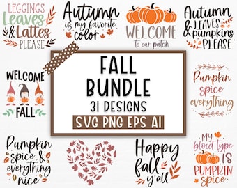 Pode incluir: Um pacote de download digital de 31 arquivos SVG, PNG, EPS e AI com tema de outono. Os designs apresentam várias frases com tema de outono, incluindo "O outono é minha cor favorita", "Bem-vindo ao nosso patch", "Especiarias de abóbora tudo", e "Feliz outono a todos".