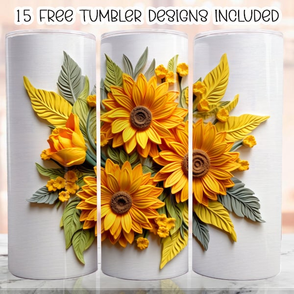 3D Sunflowers 20 oz Skinny Tumbler Sublimation Design, Floral Straight Tumbler Wrap, Digital Download PNG