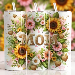 Sunflowers Mama Tumbler Wrap 20 oz Skinny Tumbler PNG Mama Sublimation Design Glitter Leopard Mom Life Seamless Mother&#39;s Day Tumbler Wrap