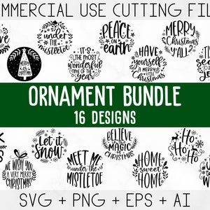 May include: A set of 16 black and white Christmas ornament SVG cut files. The designs include phrases like "Let it snow", "Peace on Earth", "Believe in the Magic of Christmas", and "Deck the Halls".