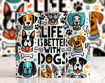 Op de afbeelding: Drie witte bekers met kleurrijke cartoon-hond illustraties en de tekst "Life is better with dogs".