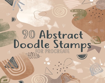 May include: 90 Abstract Doodle Stamps for Procreate. A digital illustration of a collection of abstract doodle stamps in various shapes, colors, and patterns. The stamps are in shades of brown, green, gray, and white.