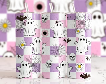 Retro Halloween Tumbler Wrap PNG, 20 Unzen Skinny Tumbler Sublimationsdesign, Pastell Karierter Geister Becher PNG, Gruselige Saison Tumbler png