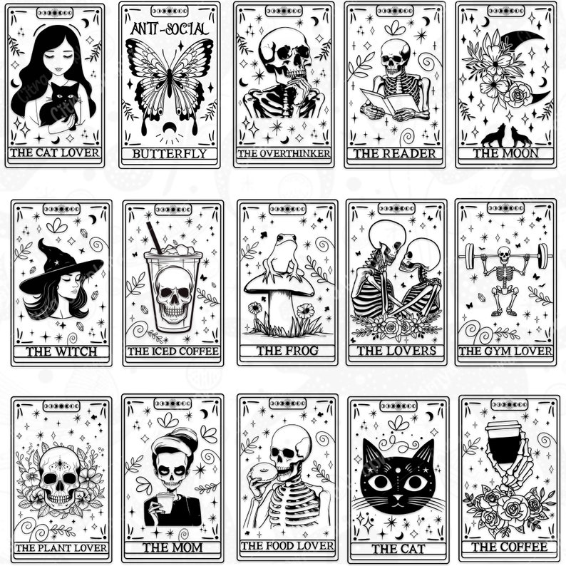 May include: A set of 15 black and white tarot cards featuring illustrations of skeletons, animals, and other objects. The cards are labelled with names such as "The Cat Lover", "The Overthinker", "The Reader", and "The Moon".