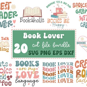 Pu&ograve; includere: Un pacchetto di download digitale di 20 file di taglio a tema amanti dei libri. I design presentano testo colorato e illustrazioni di libri, gatti, caff&egrave; e cuori. Il testo include frasi come "Miglior lettore di sempre", "I libri sono il mio linguaggio d'amore" e "Pazza per i libri".
