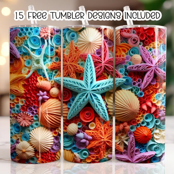 3D Starfish and Seashells 20 oz Skinny Tumbler Sublimation Design, Digital Download PNG, Straight Tumbler Wrap. Under the Sea