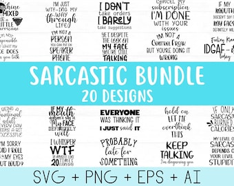 May include: A digital download of 20 sarcastic SVG, PNG, EPS, and AI files. The designs feature funny sayings like "Sunshine mixed with a little hurricane" and "If only sarcasm burned calories".