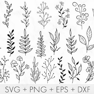Lot de 25 feuilles SVG, feuilles dessinées à la main SVG, Svg plante, feuilles de papier, modèles de feuilles, Couronne, couper des fichiers, des cliparts feuille, Cricut Silhouette SVG