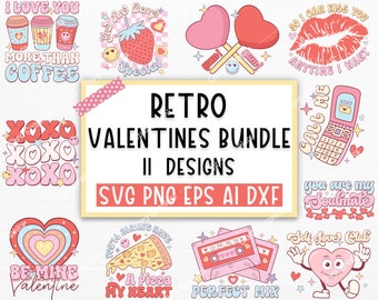 May include: A set of 11 retro Valentine's Day designs featuring various illustrations, including hearts, coffee cups, a pizza slice, a cassette tape, a phone, and a strawberry. The text "XOXO Valentines Bundle II Designs SVG PNG EPS AI DXF" is displayed in the center of the image.