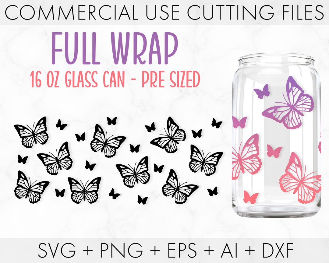 16oz Butterfly Libbey Glass Can Svg, Glass Can Full Wrap Svg, Butterfly ...