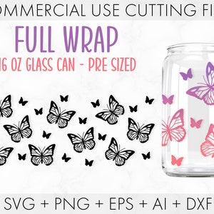 Lata de vidro Butterfly Libbey de 16 onças Svg, lata de vidro Full Wrap Svg, borboleta svg, impressão de borboletas, arquivos svg para cricut